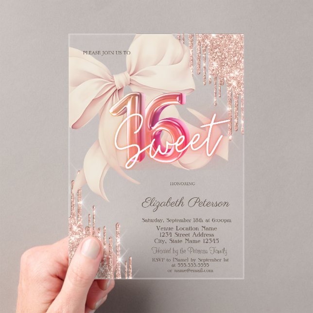 Invitaciones Acrílicas Glitter Drips Pink Bow Rose Gold Shiny Sweet 16 (Insitu (portátil))