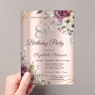 Invitaciones Acrílicas Glitter Drips Rose Gold Floral 80 Cumpleaños