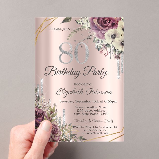 Invitaciones Acrílicas Glitter Drips Rose Gold Floral 80 Cumpleaños  (Insitu (portátil))