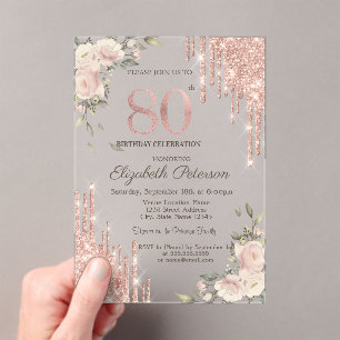 Invitaciones Acrílicas Glitter Drips Rose Gold Floral Cumpleaños 80