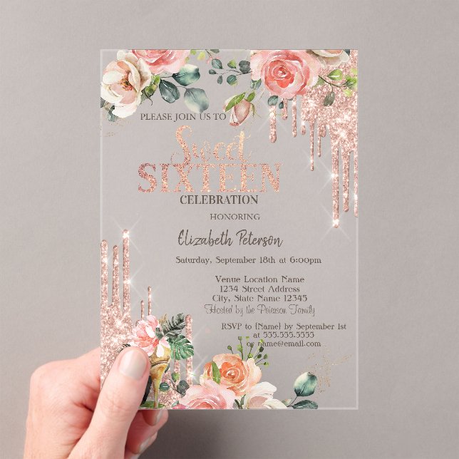 Invitaciones Acrílicas Glitter Drips Rose Gold High Heels Roses Sweet 16  (Insitu (portátil))
