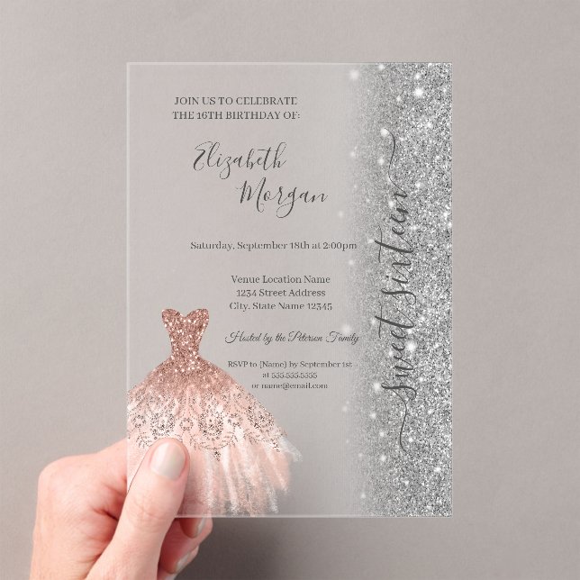 Invitaciones Acrílicas Glitter Glitter Dress Rose Gold Sweet 16 (Insitu (portátil))