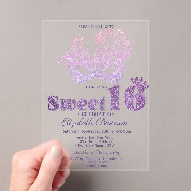 Invitaciones Acrílicas Glitter Mask Violet  Sweet 16 (Insitu (portátil))