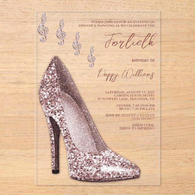 Invitaciones Acrílicas Glitzy Rosa Gold Stiletto & Music Notes 40 (Anverso)