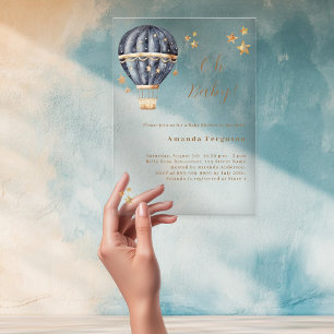 Invitaciones Acrílicas Globo aerostático azul niño estrellas Baby Shower