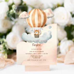 Invitaciones Acrílicas Globo aerostático de tigre lindo y caprichoso para