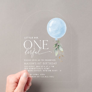 Invitaciones Acrílicas Globo Azul, Eucalipto, Verdor, Primer Cumpleaños