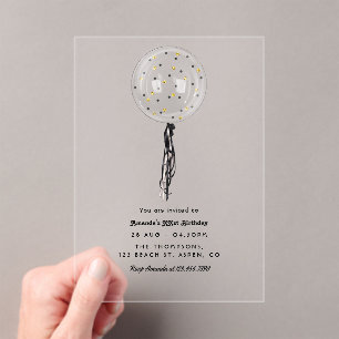 Invitaciones Acrílicas Globo de Cumpleaños de Confeti Negro y Dorado Mini