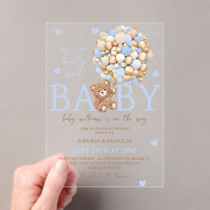 Invitaciones Acrílicas Globo de Oso Azul Fiesta de Bebé