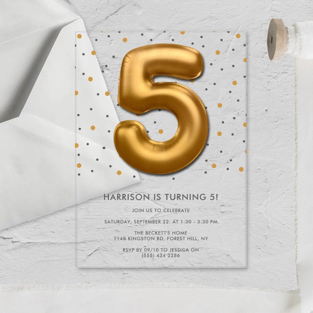 Invitaciones Acrílicas Globo de Relieve metalizado dorado moderno 5 cumpl (Subido por el creador)