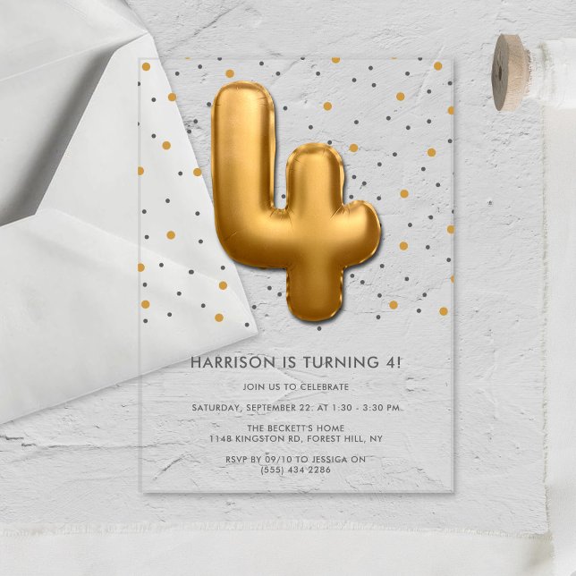 Invitaciones Acrílicas Globo de Relieve metalizado dorado moderno cuarto  (Subido por el creador)