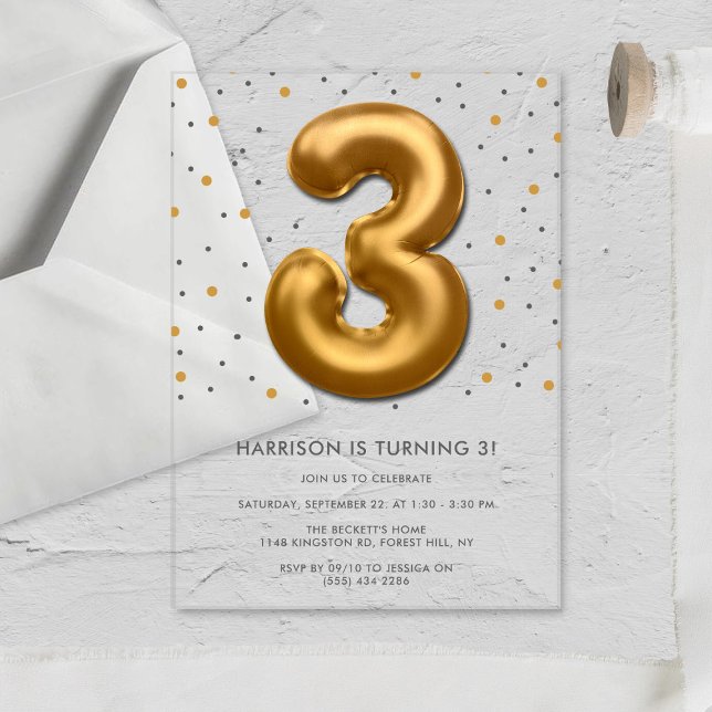 Invitaciones Acrílicas Globo de Relieve metalizado dorado moderno tercer  (Subido por el creador)