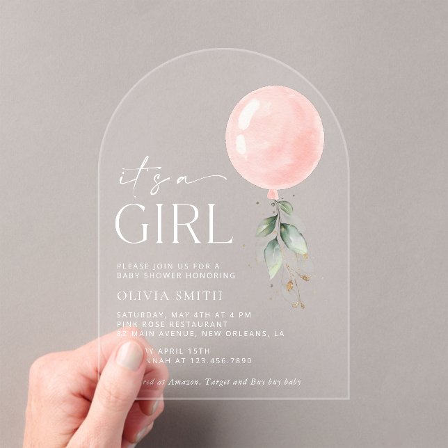 Invitaciones Acrílicas Globo rosa, eucalipto, vegetación, Baby Shower (Insitu (portátil))