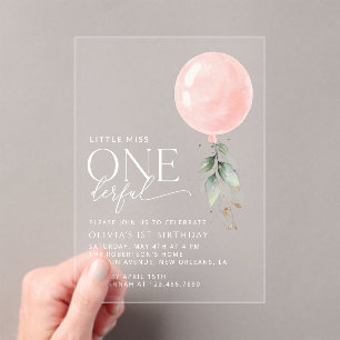 Invitaciones Acrílicas Globo rosa, eucalipto, vegetación, primer cumpleañ