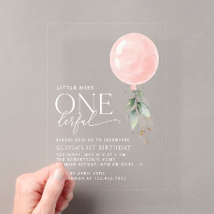 Invitaciones Acrílicas Globo Rosa, Eucalipto, Verdor, Primer Cumpleaños