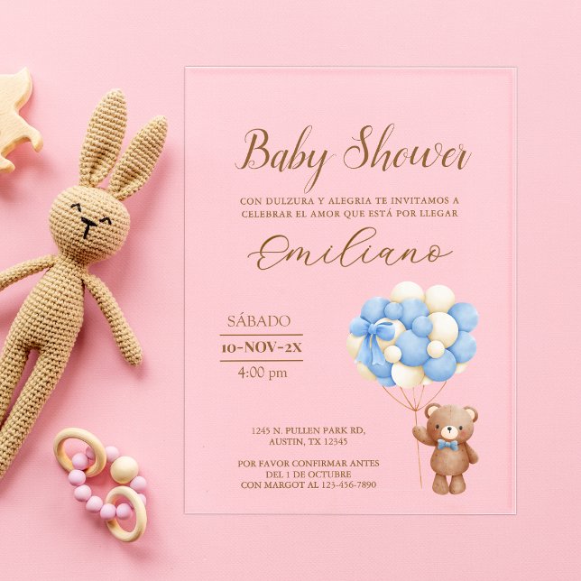 Invitaciones Acrílicas Globos Baby Shower en español de Teddy Bear (Teddy Bear Spanish Baby Shower Balloons Acrylic Invitations)