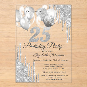 Invitaciones Acrílicas Globos con gotas de purpurina plateada sobre fondo