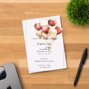 Invitaciones Acrílicas Globos Cumpleaños Corazones Blancos Crema Rojos