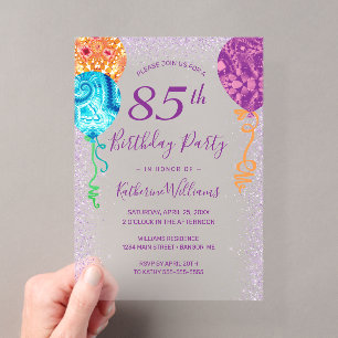 Invitaciones Acrílicas Globos de Aqua Morado Modernos Fiesta de Cumpleaño