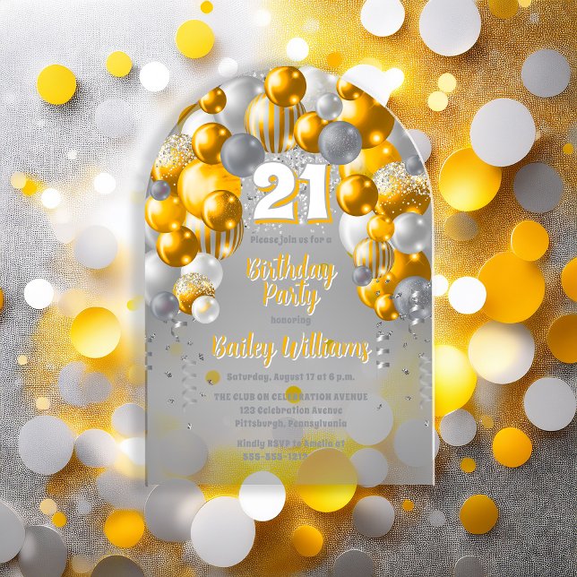 Invitaciones Acrílicas Globos de celebración amarilla Fiesta de cumpleaño (Golden Yellow | Silver Tone | White Balloon Arch and Confetti 21st Birthday Party Acrylic Invitation)