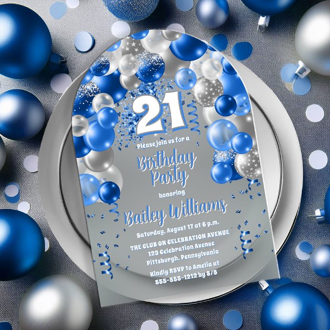 Invitaciones Acrílicas Globos de celebración azul Fiesta de cumpleaños 21 (Blue Celebration Balloons "21" 21st Birthday Party Acrylic Invitation)