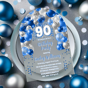 Invitaciones Acrílicas Globos de Celebración Azules Cumpleaños 90