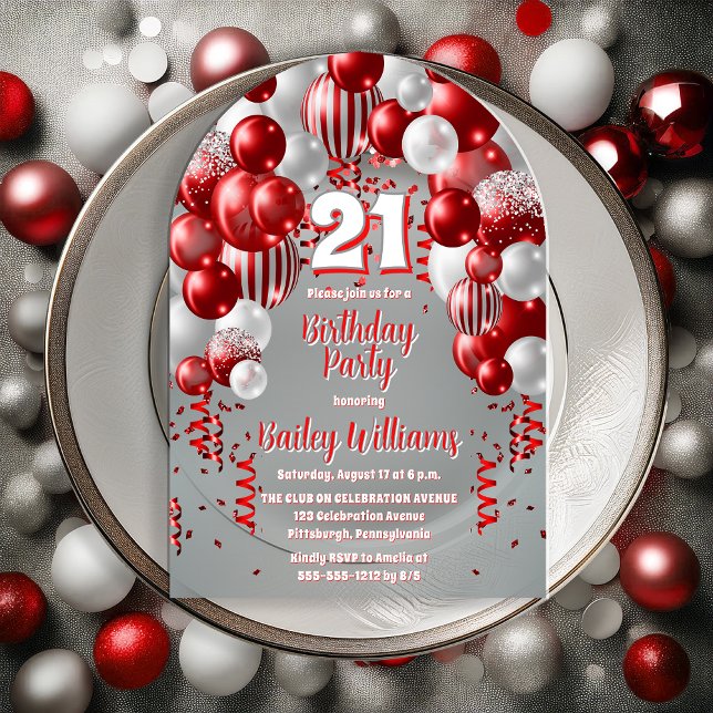 Invitaciones Acrílicas Globos de celebración roja Fiesta de cumpleaños 21 (Red | Silver Tone | White Celebration Balloons "21" 21st Birthday Party Acrylic Invitation)