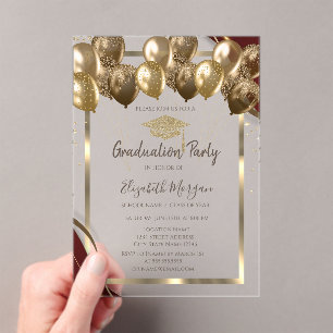 Invitaciones Acrílicas Globos de gorra de graduación dorados con borde bu