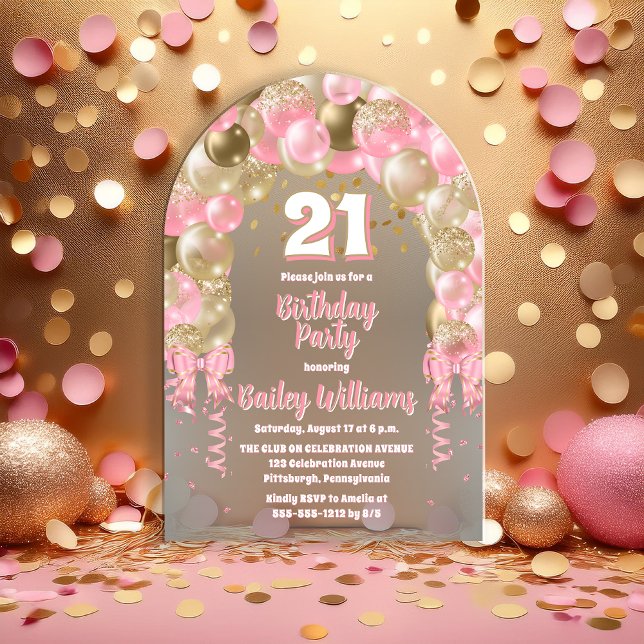 Invitaciones Acrílicas Globos de la Celebración del Oro Rosa 21 Fiesta de (Pink | Gold Tone Celebration Balloons "21" 21st Birthday Party Acrylic Invitation)