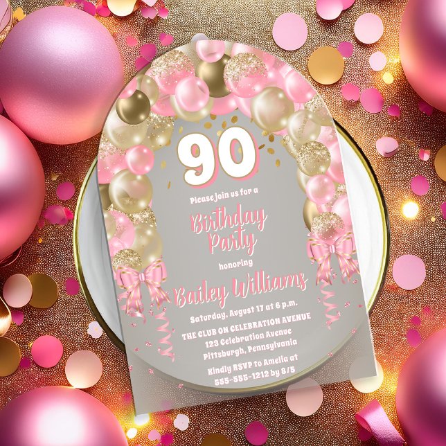 Invitaciones Acrílicas Globos de la Celebración del Oro Rosado 90 cumplea (Pink and Gold Tone Celebration Balloons "90" 90th Birthday Party Acrylic Invitation)