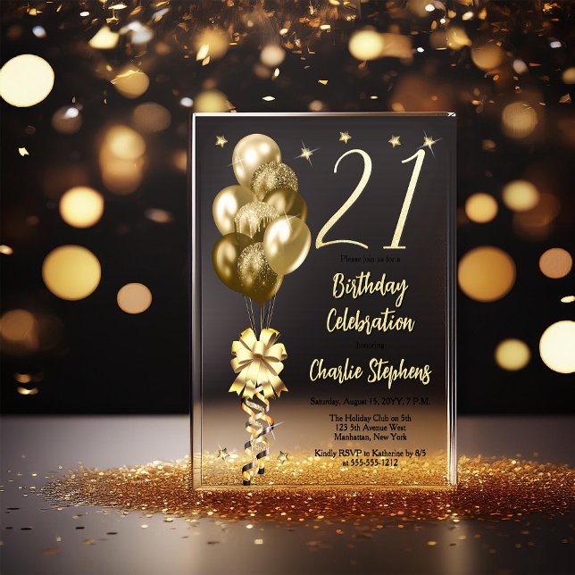 Invitaciones Acrílicas Globos de oro elegantes en Fiesta de cumpleaños 21 (Elegant Faux Gold Glitter Accented Balloons on Fade to Black Backing 21st Birthday Acrylic Invite)