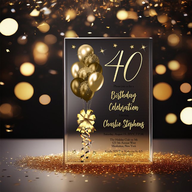 Invitaciones Acrílicas Globos de oro elegantes en Fiesta de cumpleaños 40 (Elegant Faux Gold Glitter Accented Balloons on Fade to Black Backing 40th Birthday Acrylic Invite)