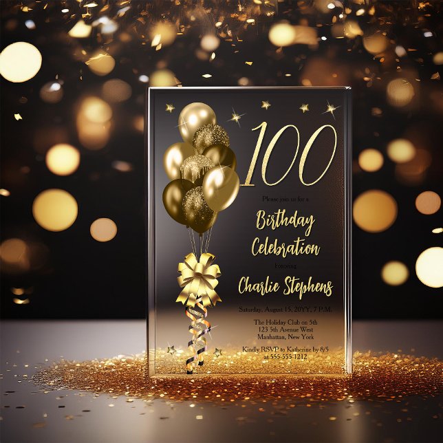 Invitaciones Acrílicas Globos de oro elegantes en la fiesta de cumpleaños (Elegant Faux Gold Glitter Accented Balloons on Fade to Black Backing 100th Birthday Acrylic Invite)