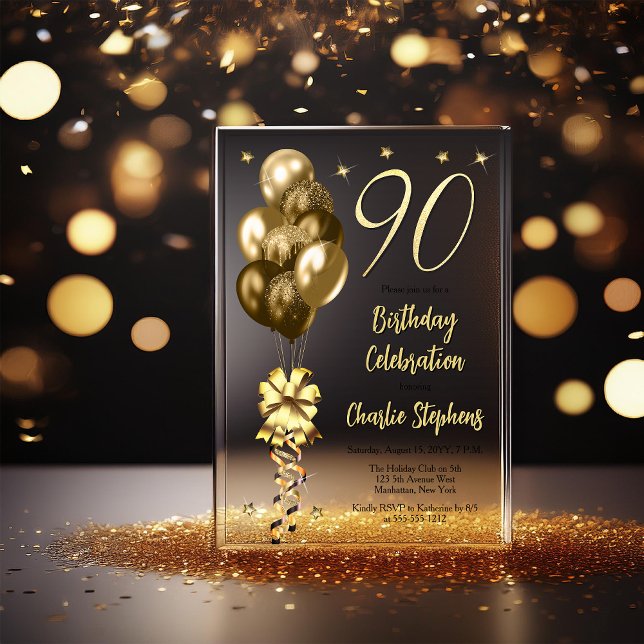 Invitaciones Acrílicas Globos de oro elegantes en la fiesta de cumpleaños (Elegant Faux Gold Glitter Accented Balloons on Fade to Black Backing 90th Birthday Acrylic Invite)