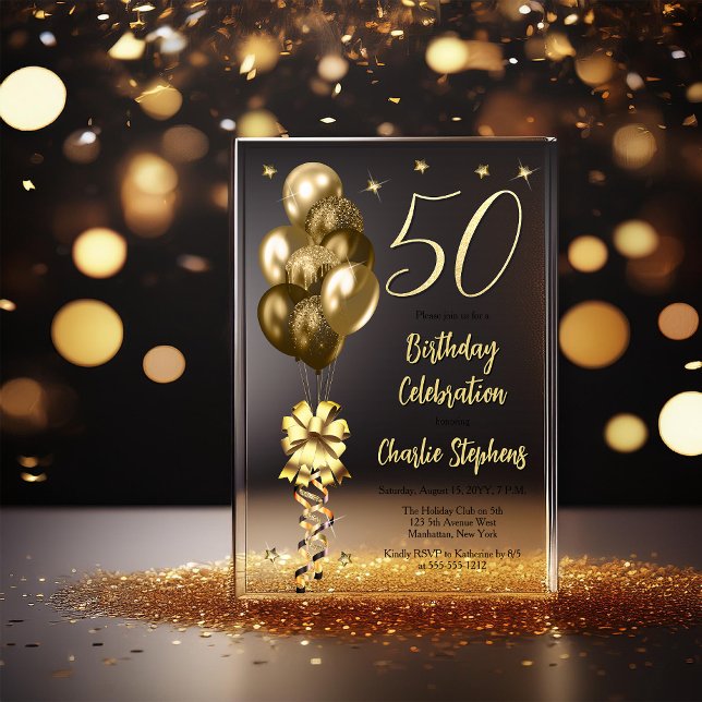 Invitaciones Acrílicas Globos de oro elegantes en la fiesta de cumpleaños (Elegant Faux Gold Glitter Accented Balloons on Fade to Black Backing 50th Birthday Acrylic Invite)