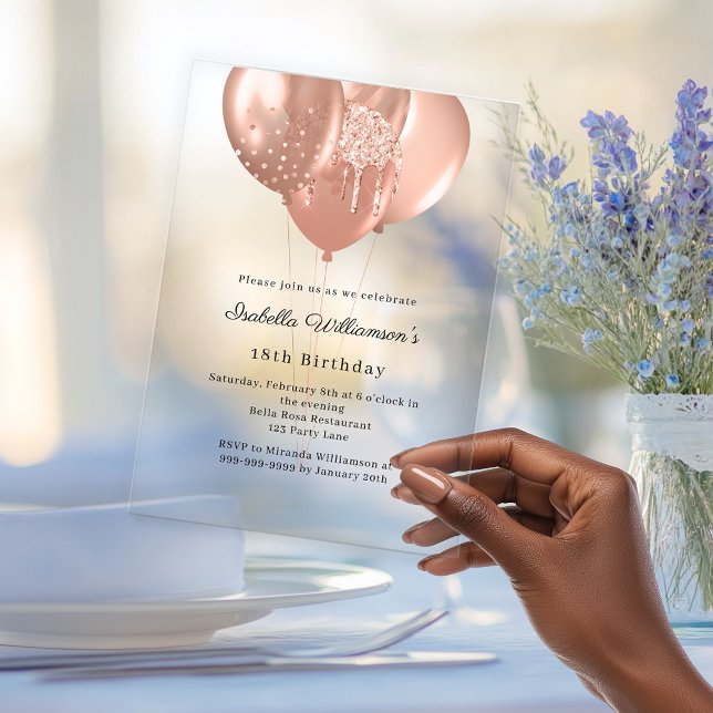 Invitaciones Acrílicas Globos de oro rosa claros cumpleaños de lujo  (Subido por el creador)