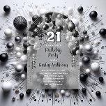 Invitaciones Acrílicas Globos de plata negra Fiesta de cumpleaños 21<br><div class="desc">Celebre con estilo esta vibrante y llamativa invitación a la fiesta de cumpleaños número 21, que presenta un impresionante diseño de un arco de globo en cascada en tonos negro y plateado, y acentuado con blanco. El audaz "21" del centro añade un toque lúdico pero moda, marcando perfectamente el tono...</div>