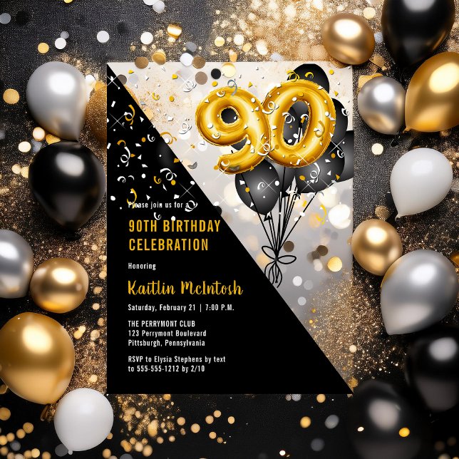 Invitaciones Acrílicas Globos Elegante Negro | Fiesta de cumpleaños númer (Balloons Elegant Black and Gold Tone 90th Birthday Party Acrylic Invitations)