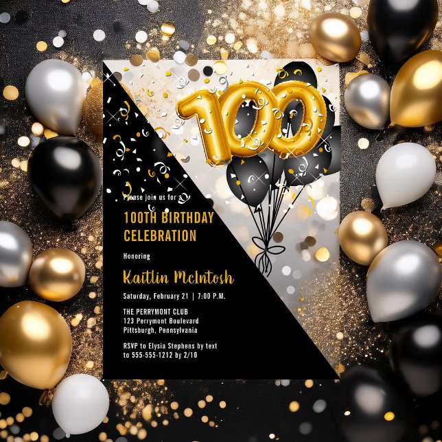 Invitaciones Acrílicas Globos Elegante Negro | Fiesta de los 100 Años del (Balloons Elegant Black and Gold Tone 100th Birthday Party Acrylic Invitations)