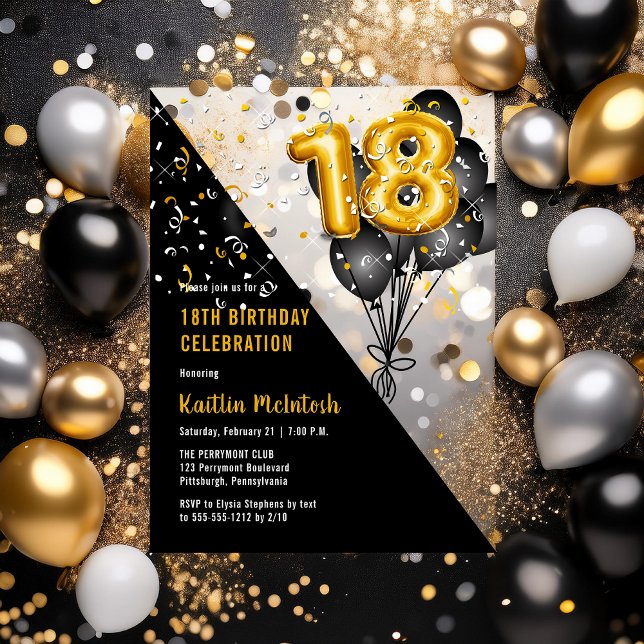 Invitaciones Acrílicas Globos Elegante Negro | Fiesta de los 18 Años de O (Balloons Elegant Black and Gold Tone 18th Birthday Party Acrylic Invitations)