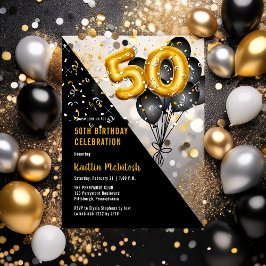 Invitaciones Acrílicas Globos Elegante Negro | Oro Cumpleaños 50 Fiesta