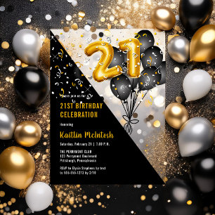 Invitaciones Acrílicas Globos Elegantes Negro   Oro Cumpleaños 21