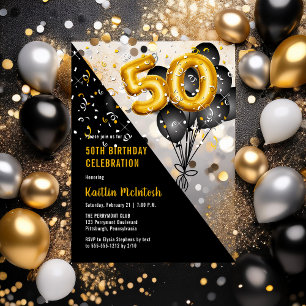 Invitaciones Acrílicas Globos Elegantes Negro Oro Cumpleaños 50 Fiesta