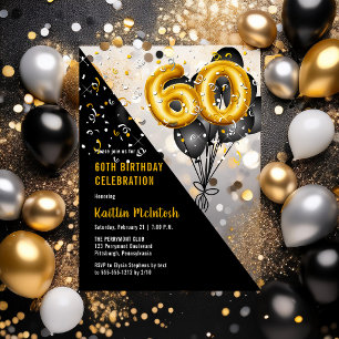 Invitaciones Acrílicas Globos Elegantes Negro Oro Cumpleaños 60