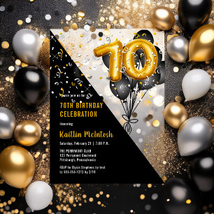 Invitaciones Acrílicas Globos Elegantes Negro Oro Cumpleaños 70
