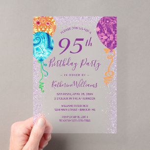 Invitaciones Acrílicas Globos Globos Modernos de Aqua Morado Cumpleaños 9