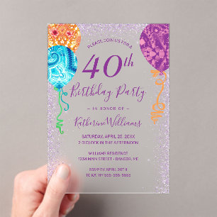 Invitaciones Acrílicas Globos modernos Aqua Purple Globos 40 Fiesta de cu