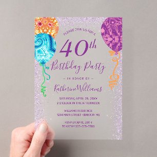 Invitaciones Acrílicas Globos Modernos de Aqua Morado Cumpleaños 40