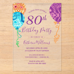Invitaciones Acrílicas Globos Modernos de Aqua Morado Fiesta de Cumpleaño