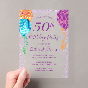 Invitaciones Acrílicas Globos Modernos de Aqua Morado Fiesta de Cumpleaño